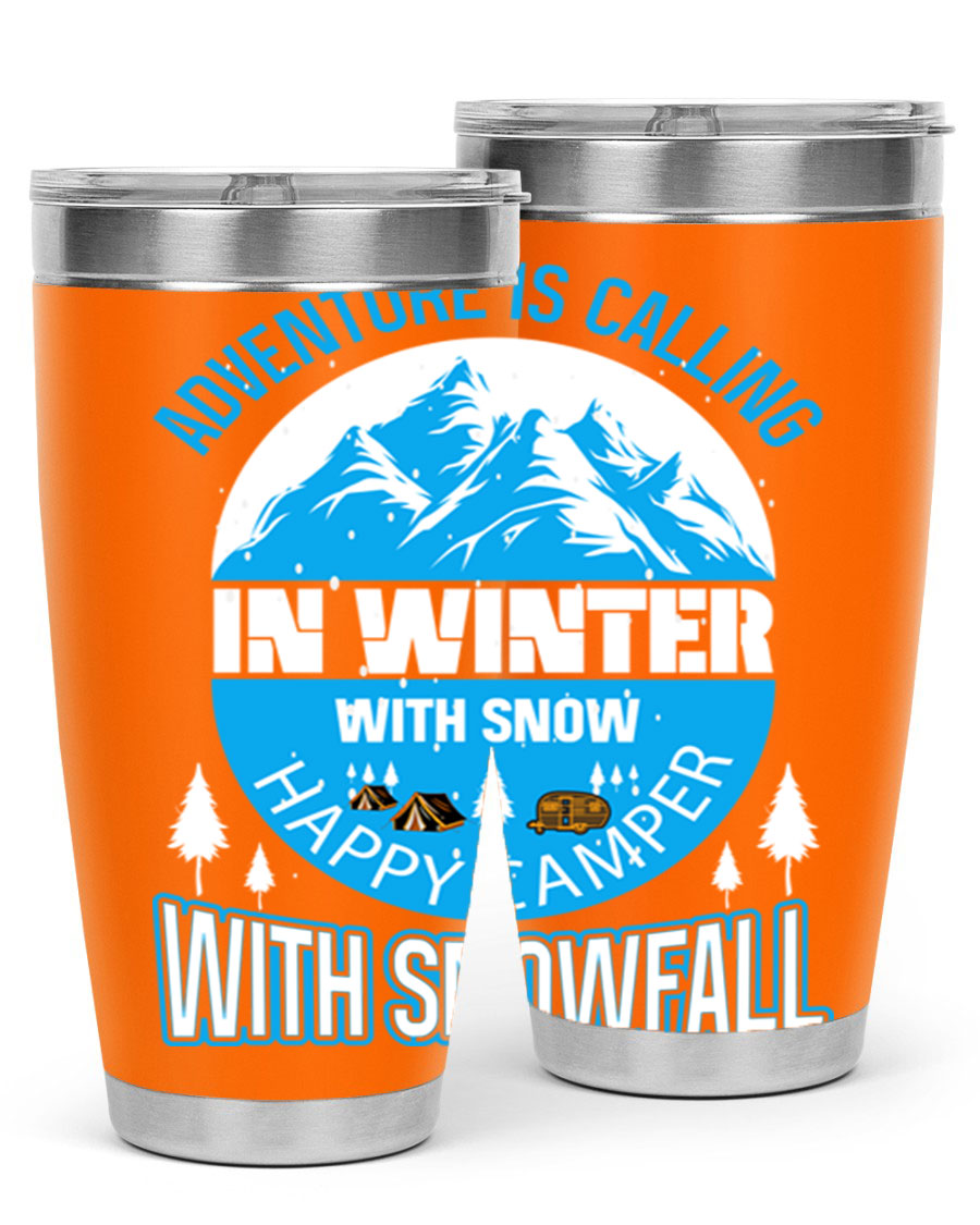 Camping Winter 39# Tumbler in stainless steel with a drink-thru lid, showcasing its sleek design and double wall insulation.